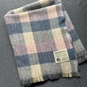 Vintage Murray Brothers Scottish Woolens Plaid Wool Blanket 31” X 56” Blue Pink
